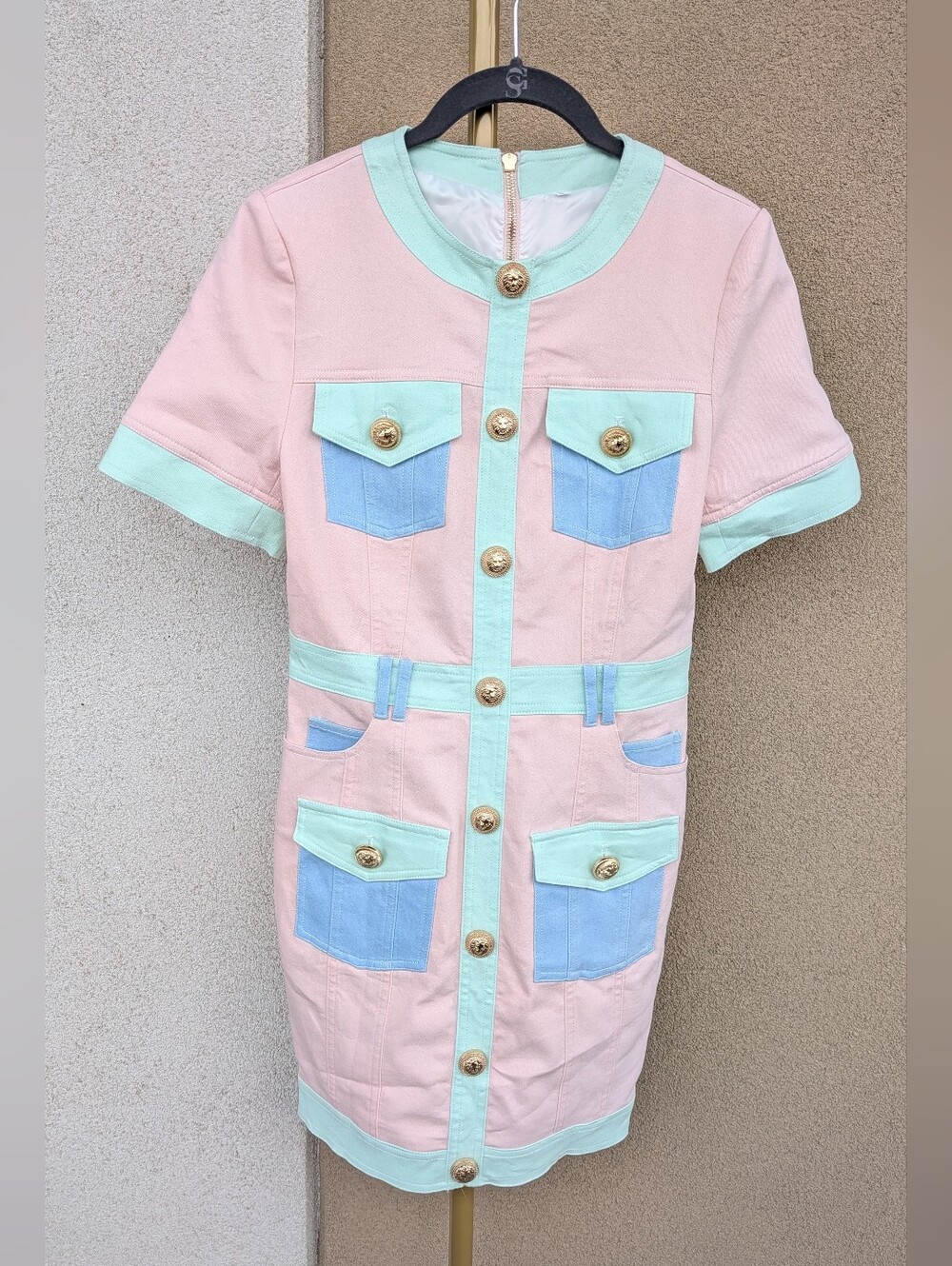 Pastel Color Black Tweed Denim Style Mini Dress Gold Lion Buttons S
